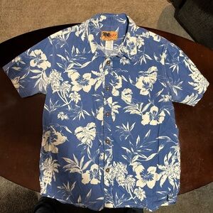 Vintage Blue Floral Hawaiian Shirt With Brown Wooden Style Buttons Men’s Size L